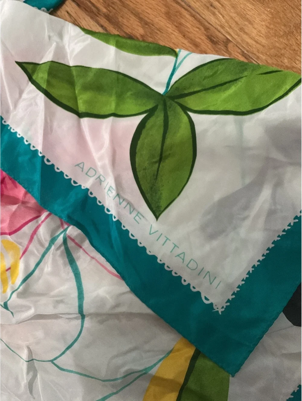 Adrienne Vittadini Floral Silk Scarf with Teal Border Vintage